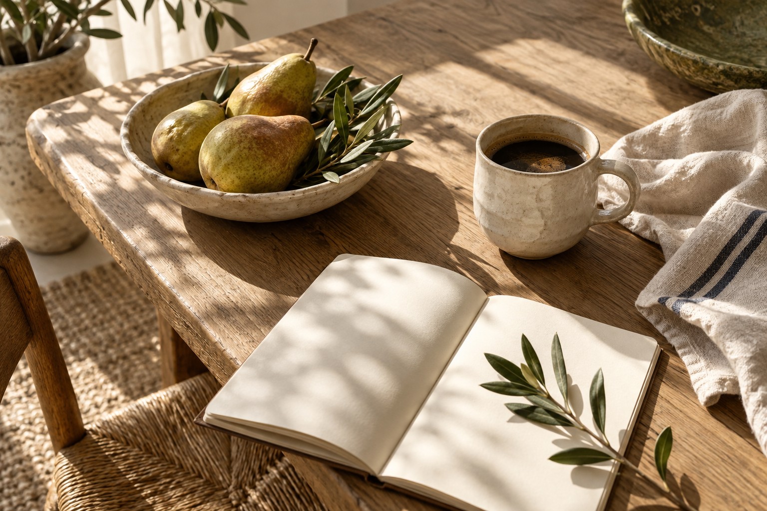 Morning coffee and a notebook on an oak table